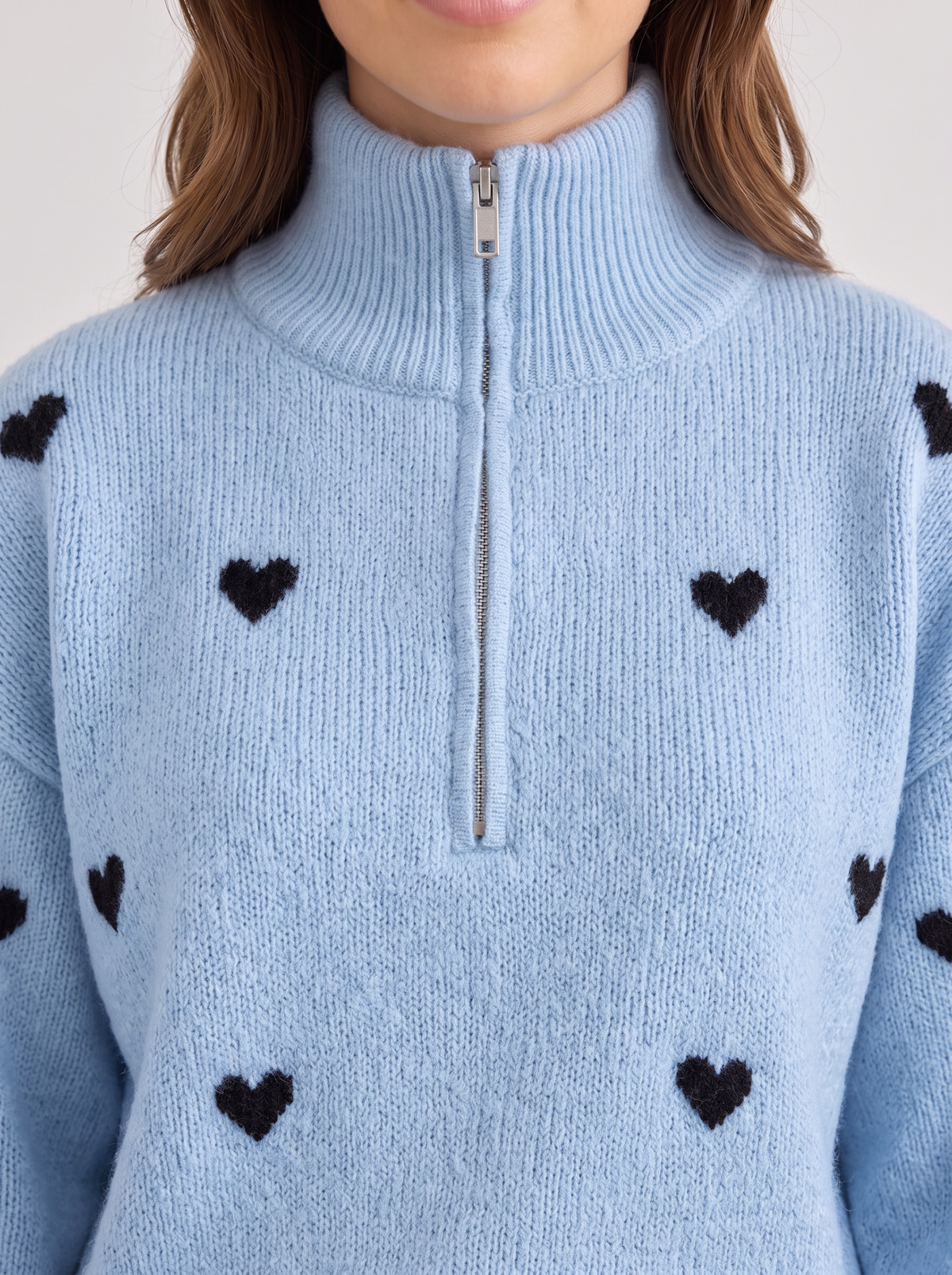 Women's Heart Print Half Zip Jumper – Oversized Fuzzy Knit