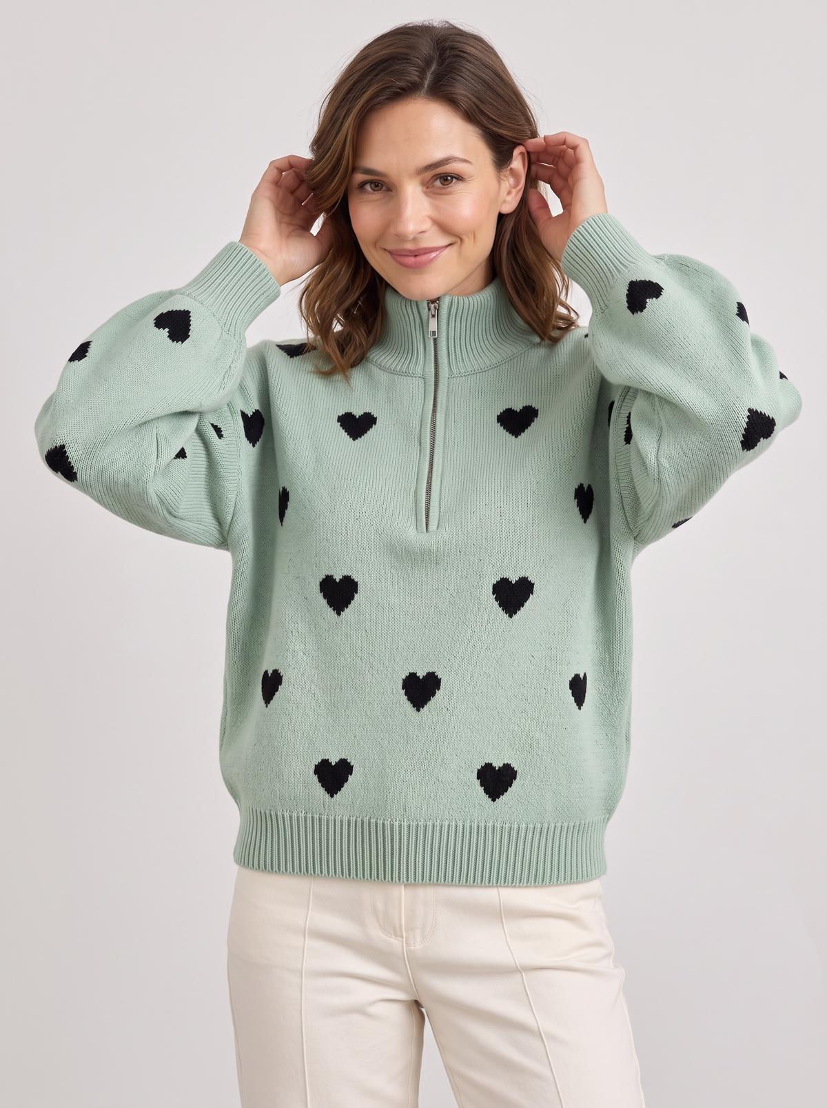 Women's Heart Print Half Zip Jumper – Oversized Fuzzy Knit