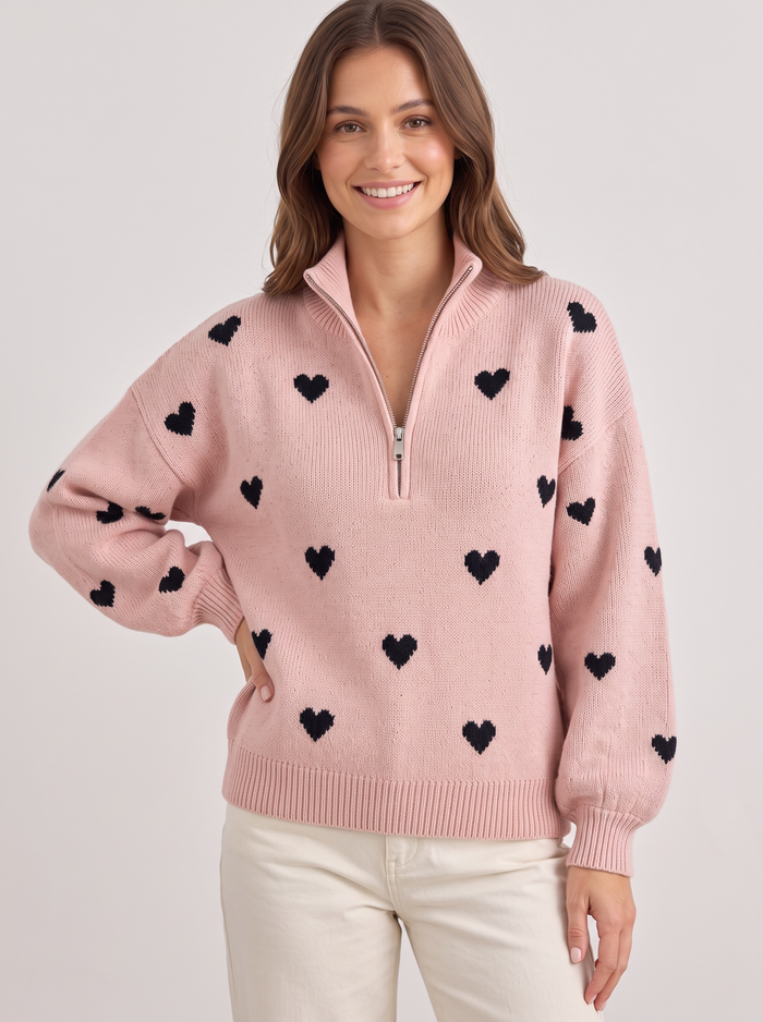 Women's Heart Print Half Zip Jumper – Oversized Fuzzy Knit