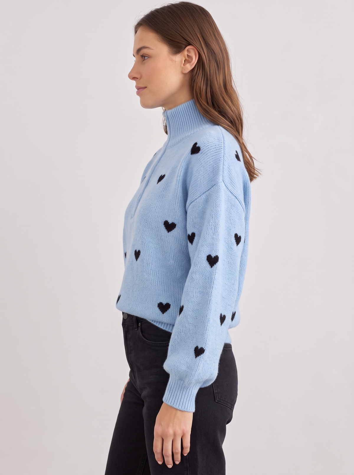 Women's Heart Print Half Zip Jumper – Oversized Fuzzy Knit