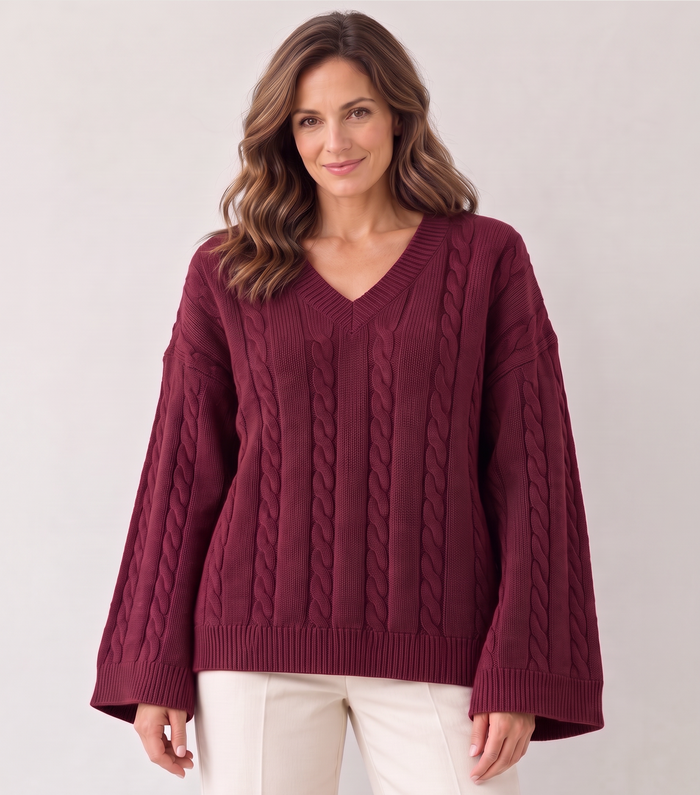 Women's Burgundy Cable Knit Sweater – Relaxed V Neck