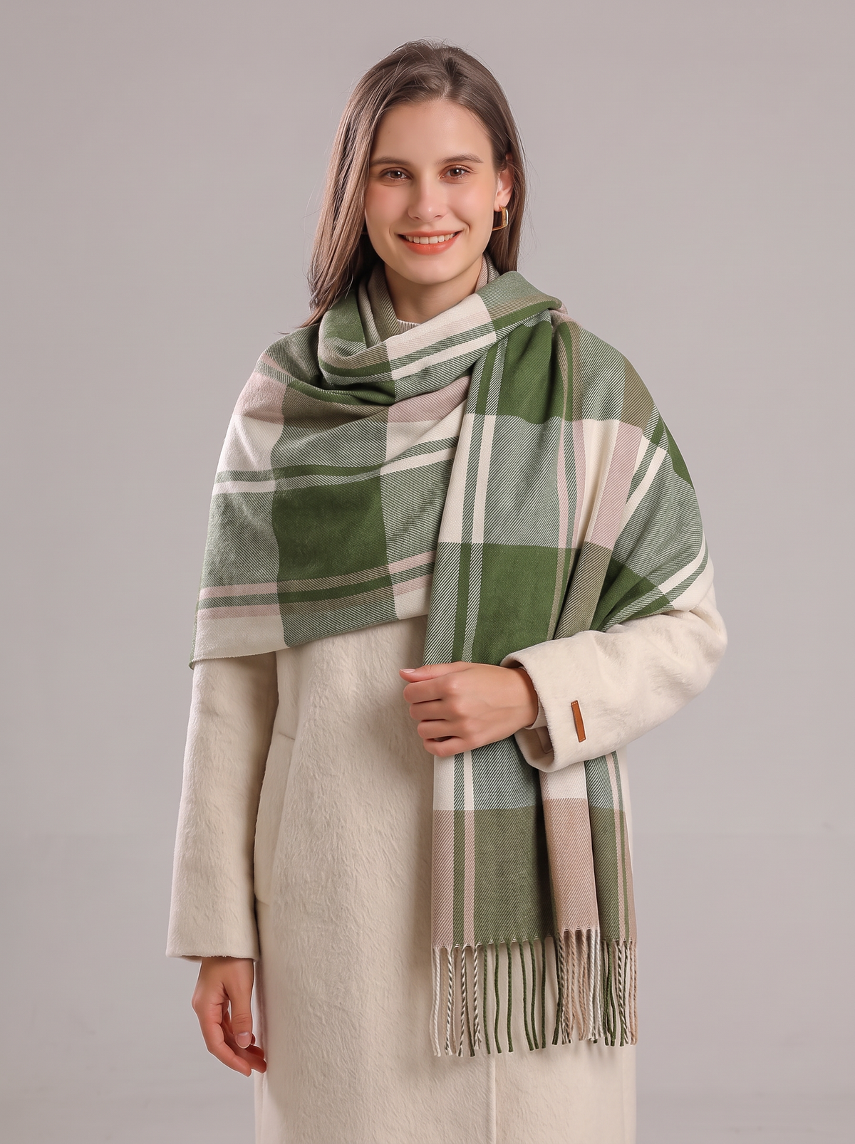 Women's Oversized Check Scarf – Fringed Blanket Wrap