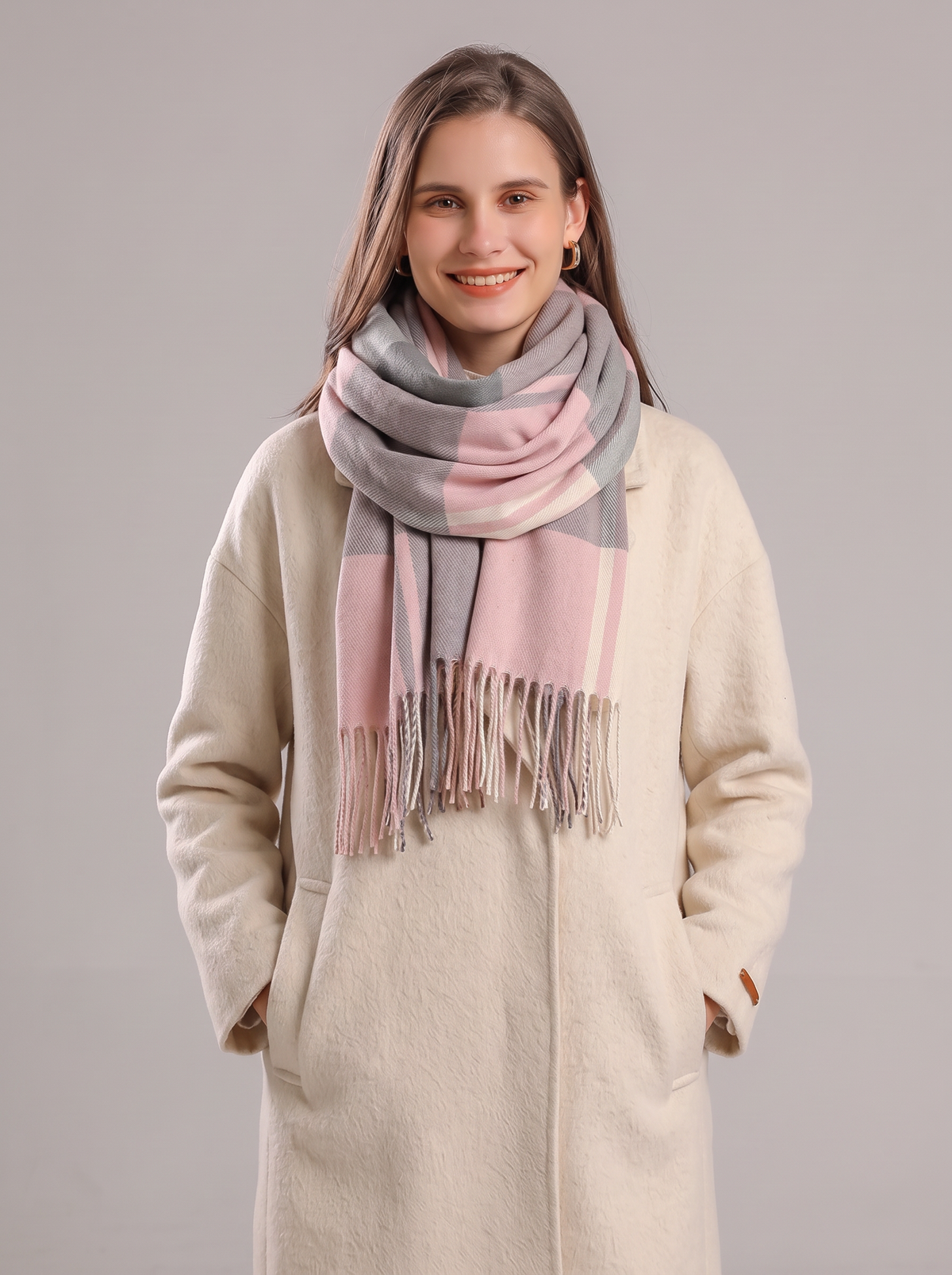 Women's Oversized Check Scarf – Fringed Blanket Wrap