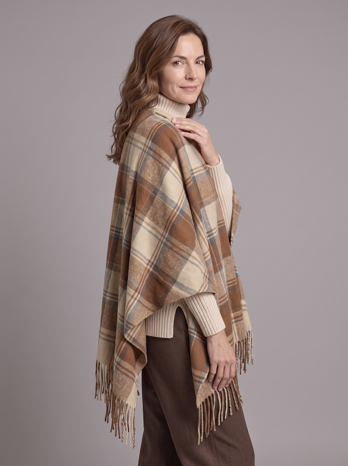 Women's Tartan Wrap Scarf – Soft Cashmere-Blend with Fringe