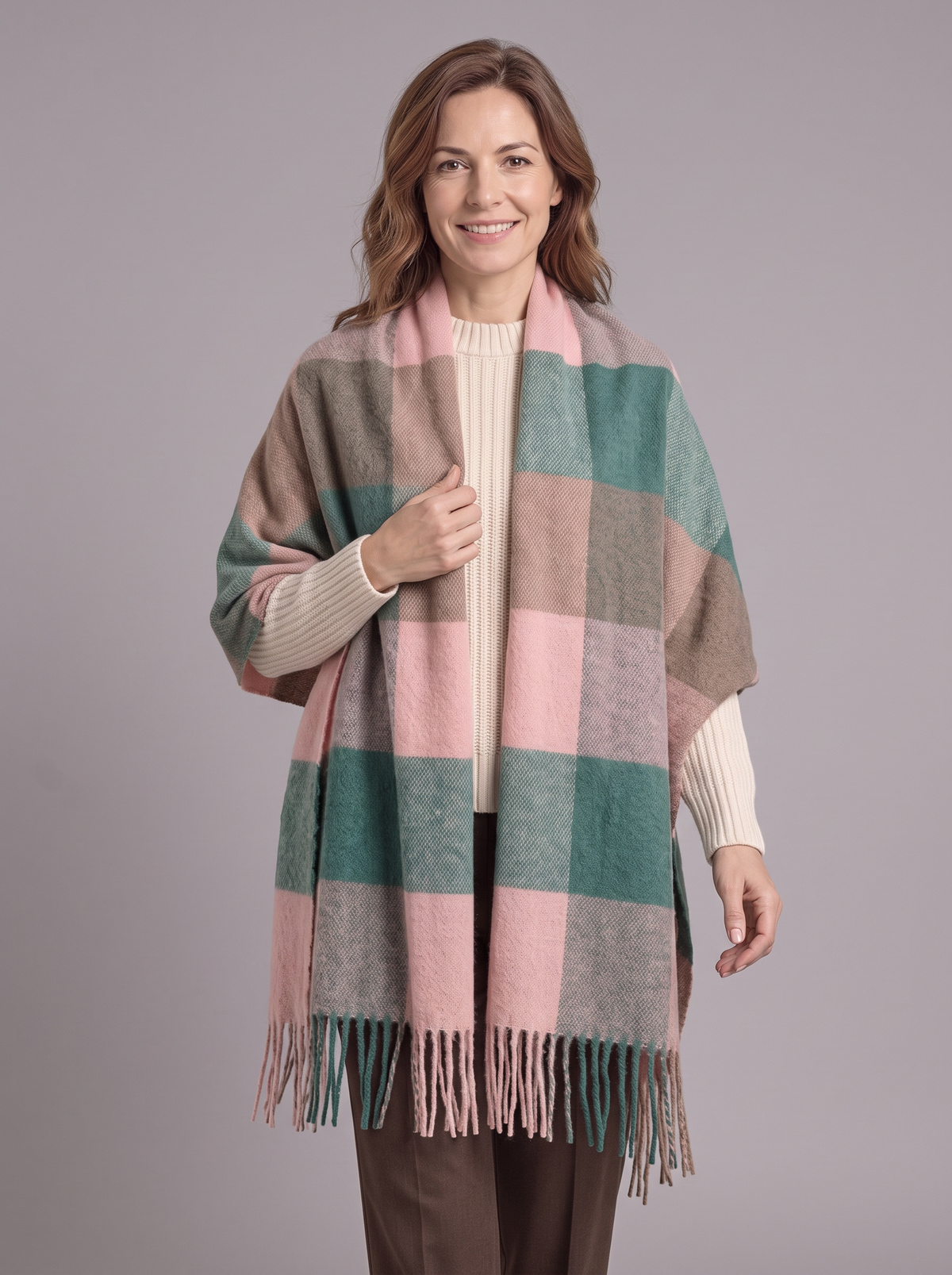Women's Tartan Wrap Scarf – Soft Cashmere-Blend with Fringe