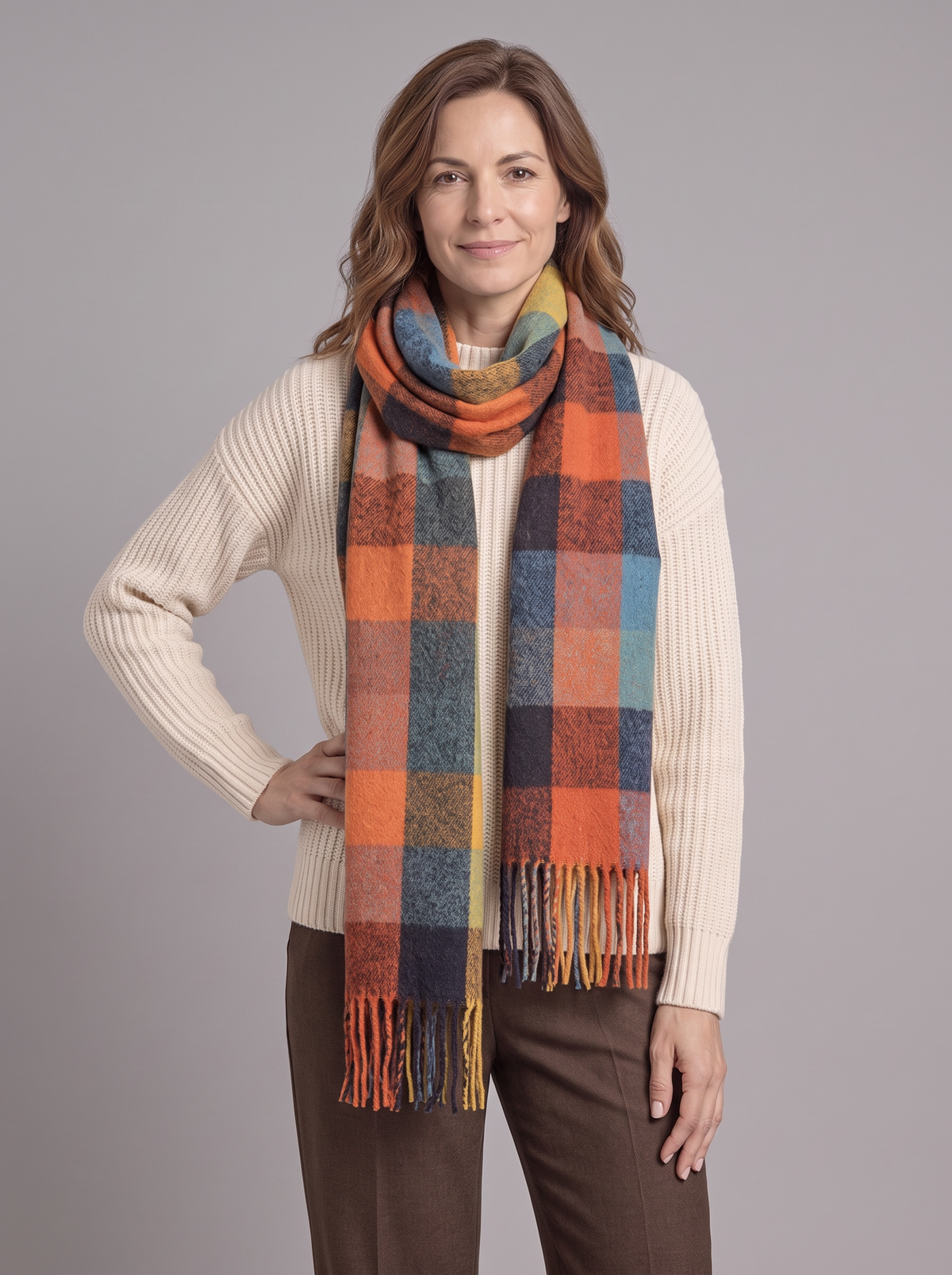 Women's Tartan Wrap Scarf – Soft Cashmere-Blend with Fringe