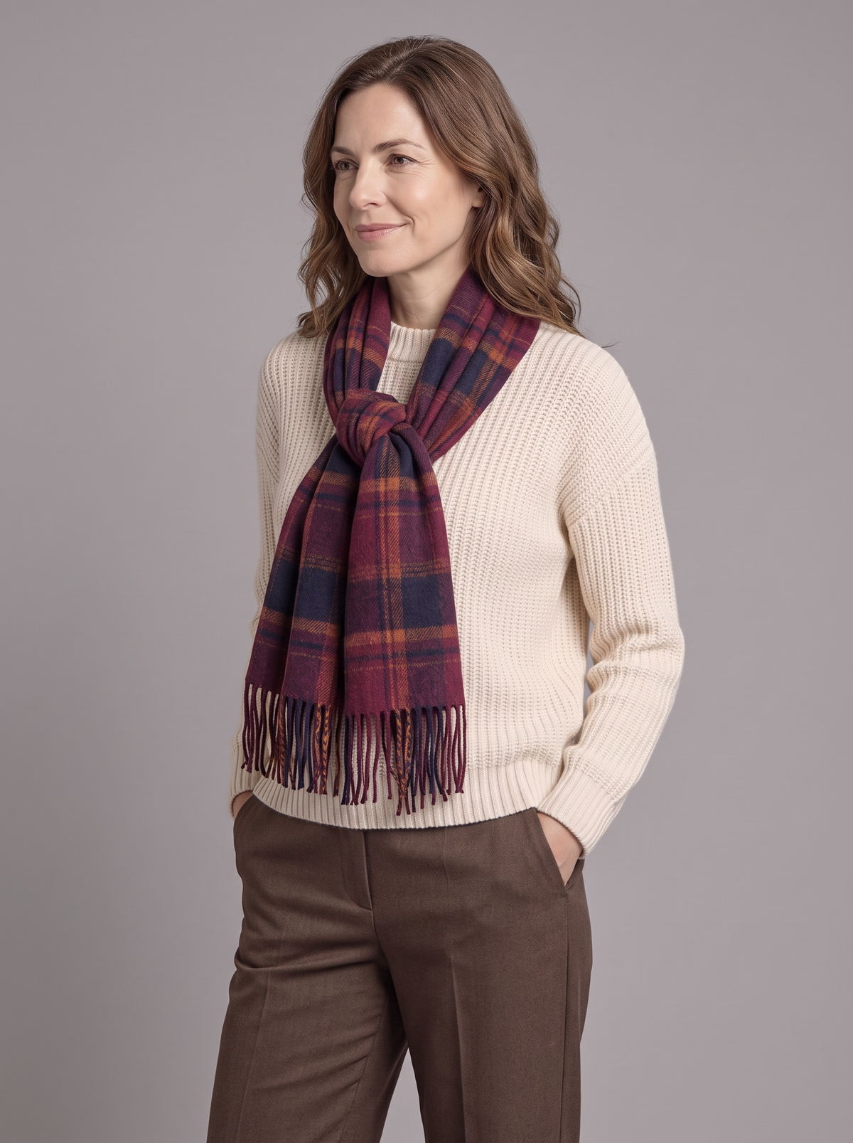 Women's Tartan Wrap Scarf – Soft Cashmere-Blend with Fringe