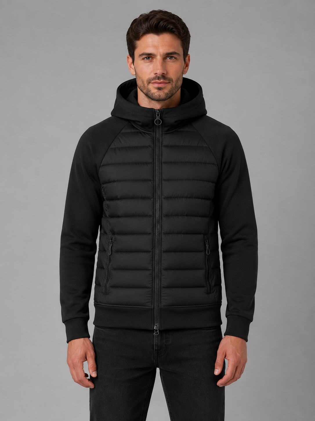 Men's Hooded Quilted Hybrid Jacket in Black