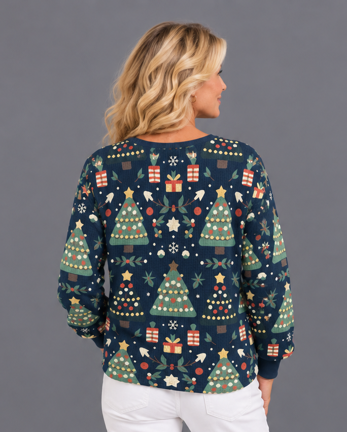 Women's festive Nordic print Christmas jumper in navy blue, waffle knit detail