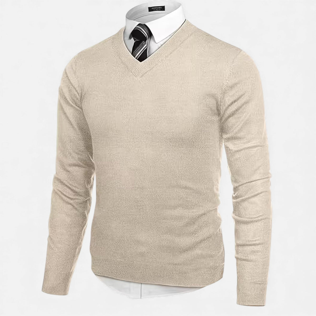 Men's V-Neck Knit Jumper in Khaki