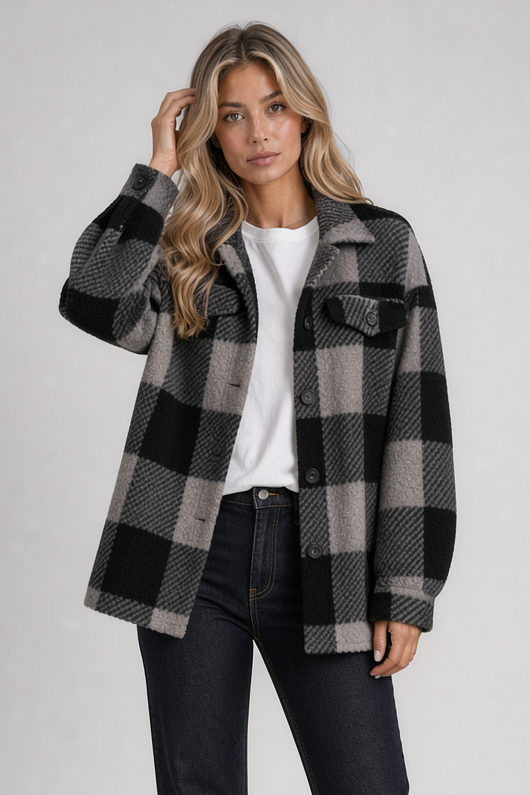 Women's Checked Shacket – Button Front Overshirt