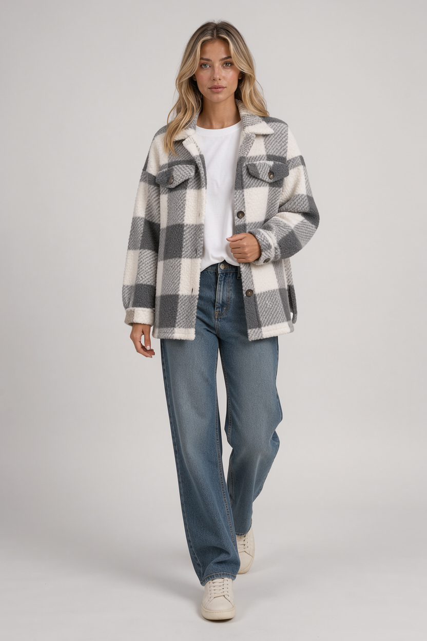 Women's Checked Shacket – Button Front Overshirt