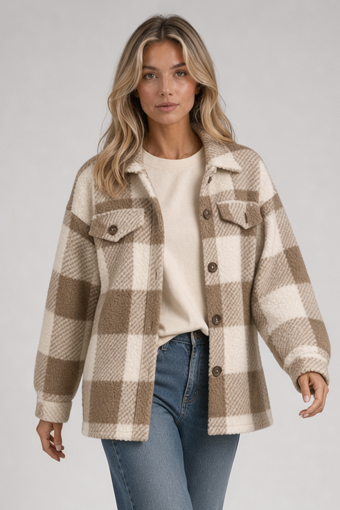 Women's Checked Shacket – Button Front Overshirt