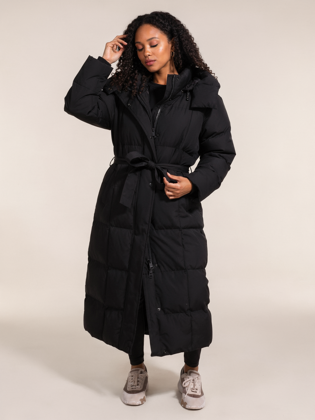 Women's Long Hooded Puffer Coat – Belted Quilted Jacket