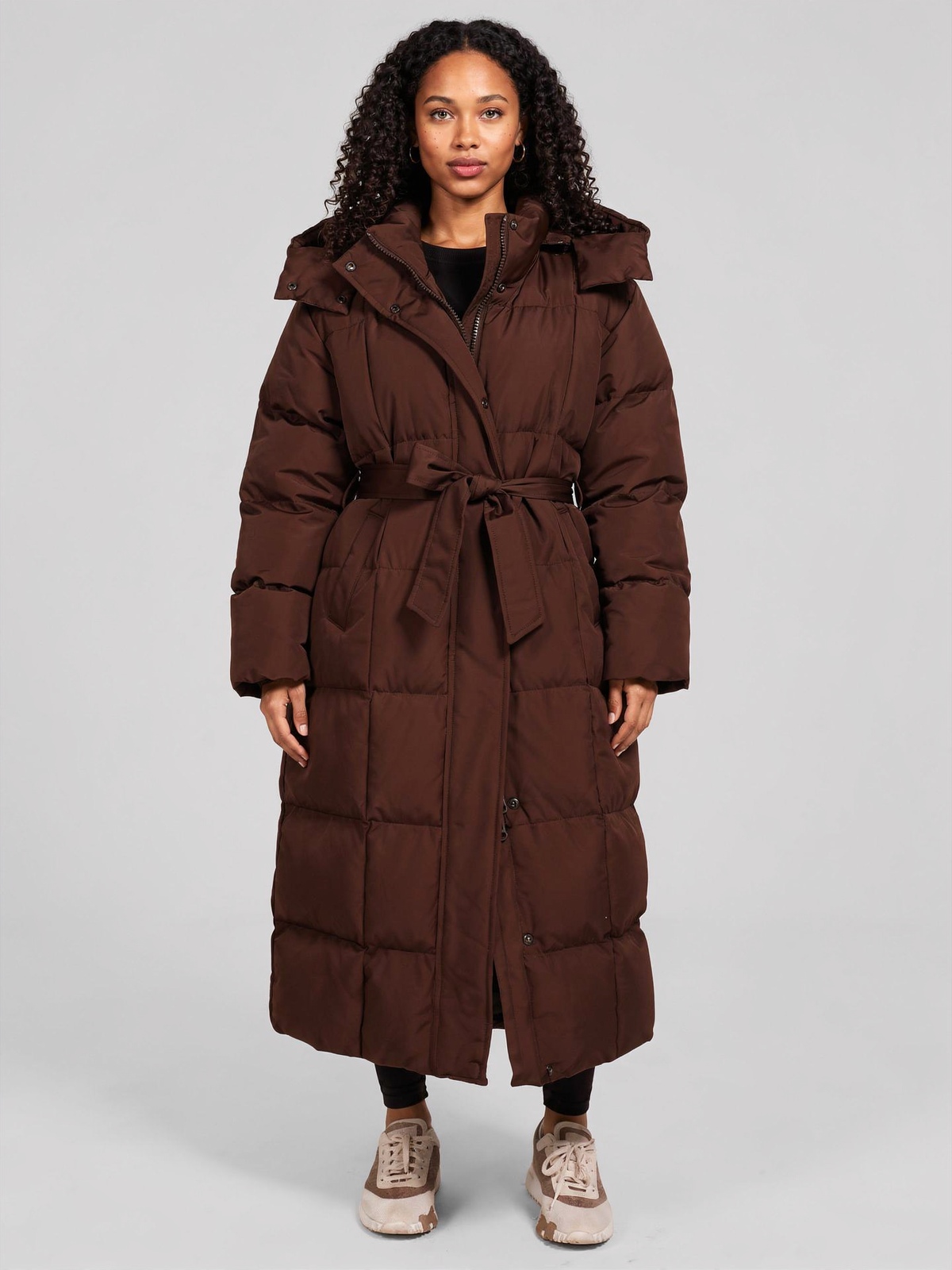 Women's Long Hooded Puffer Coat – Belted Quilted Jacket