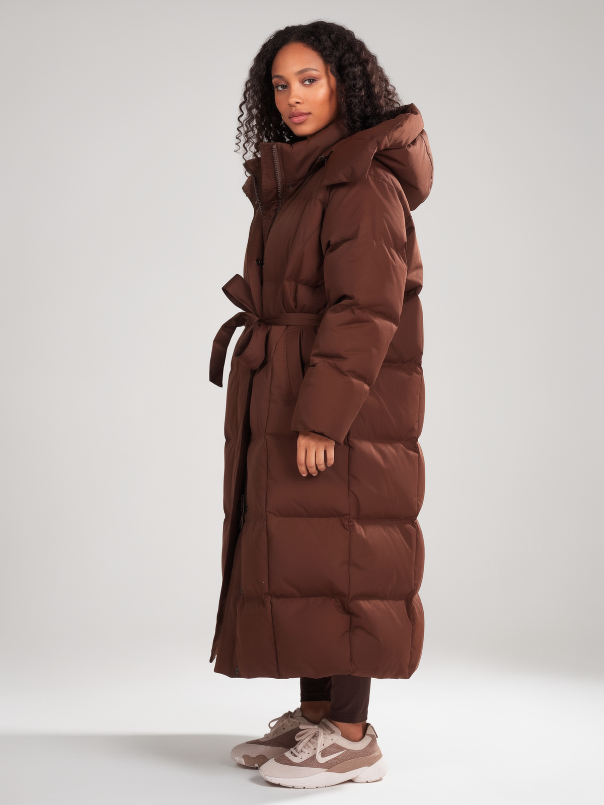 Women's Long Hooded Puffer Coat – Belted Quilted Jacket