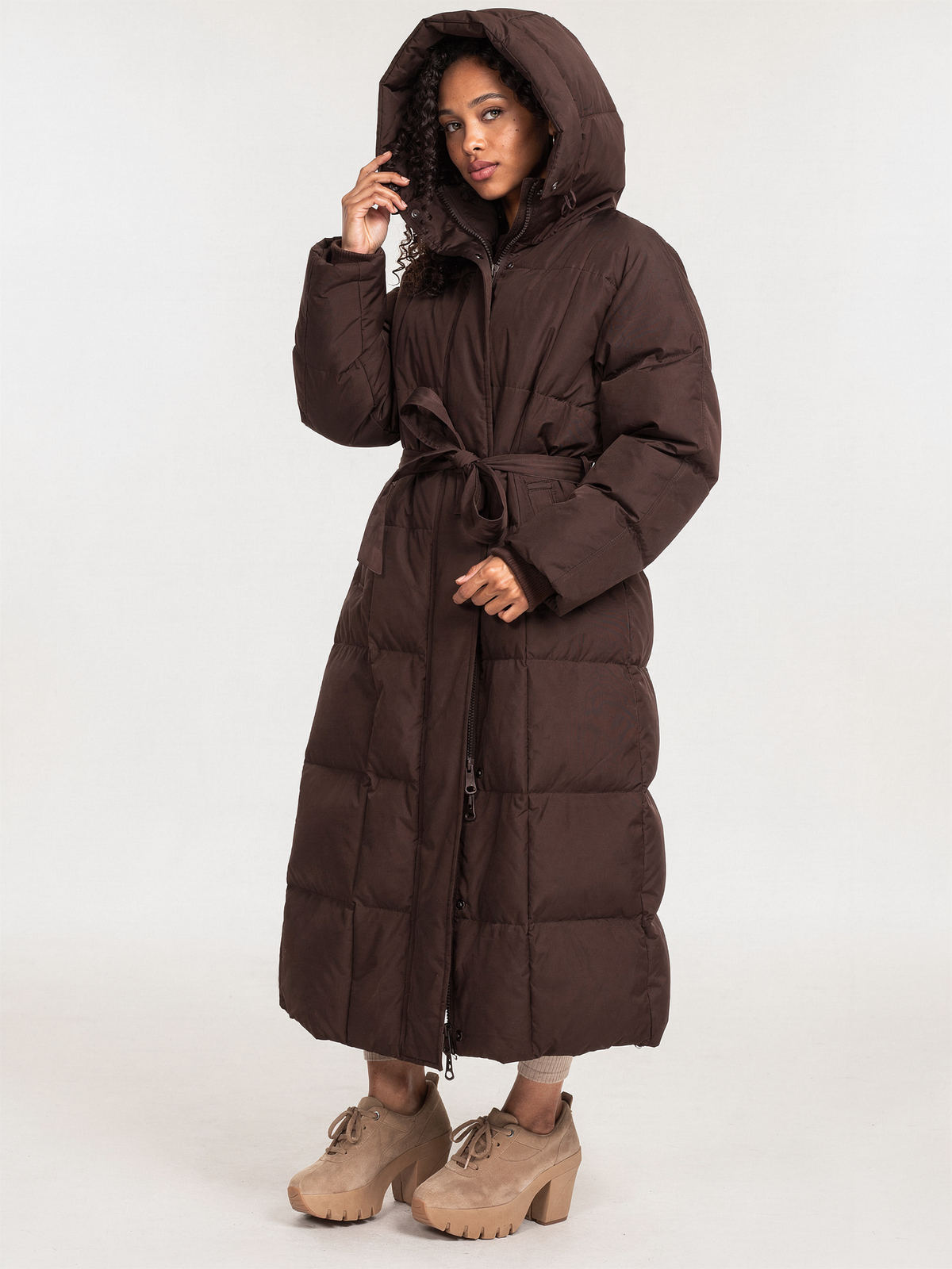 Women's Long Hooded Puffer Coat – Belted Quilted Jacket