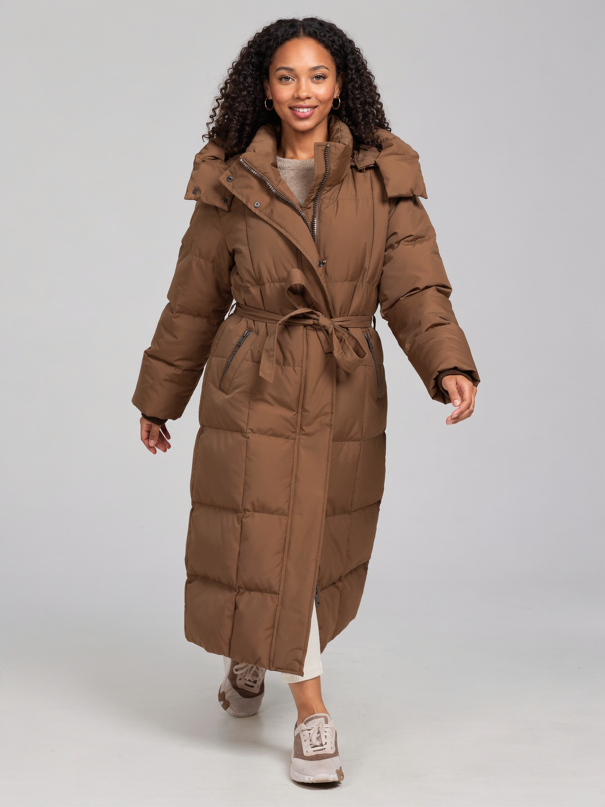 Women's Long Hooded Puffer Coat – Belted Quilted Jacket