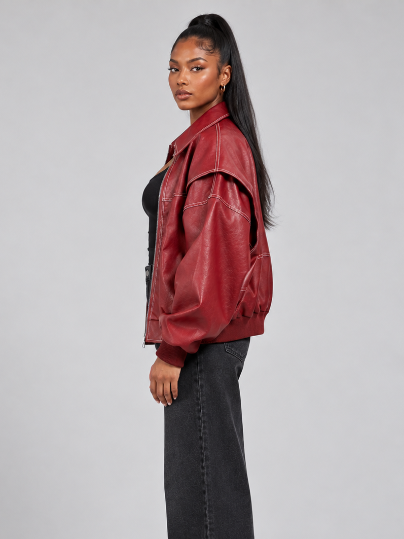 Women's Oversized Leather Look Bomber – Zip Up Jacket