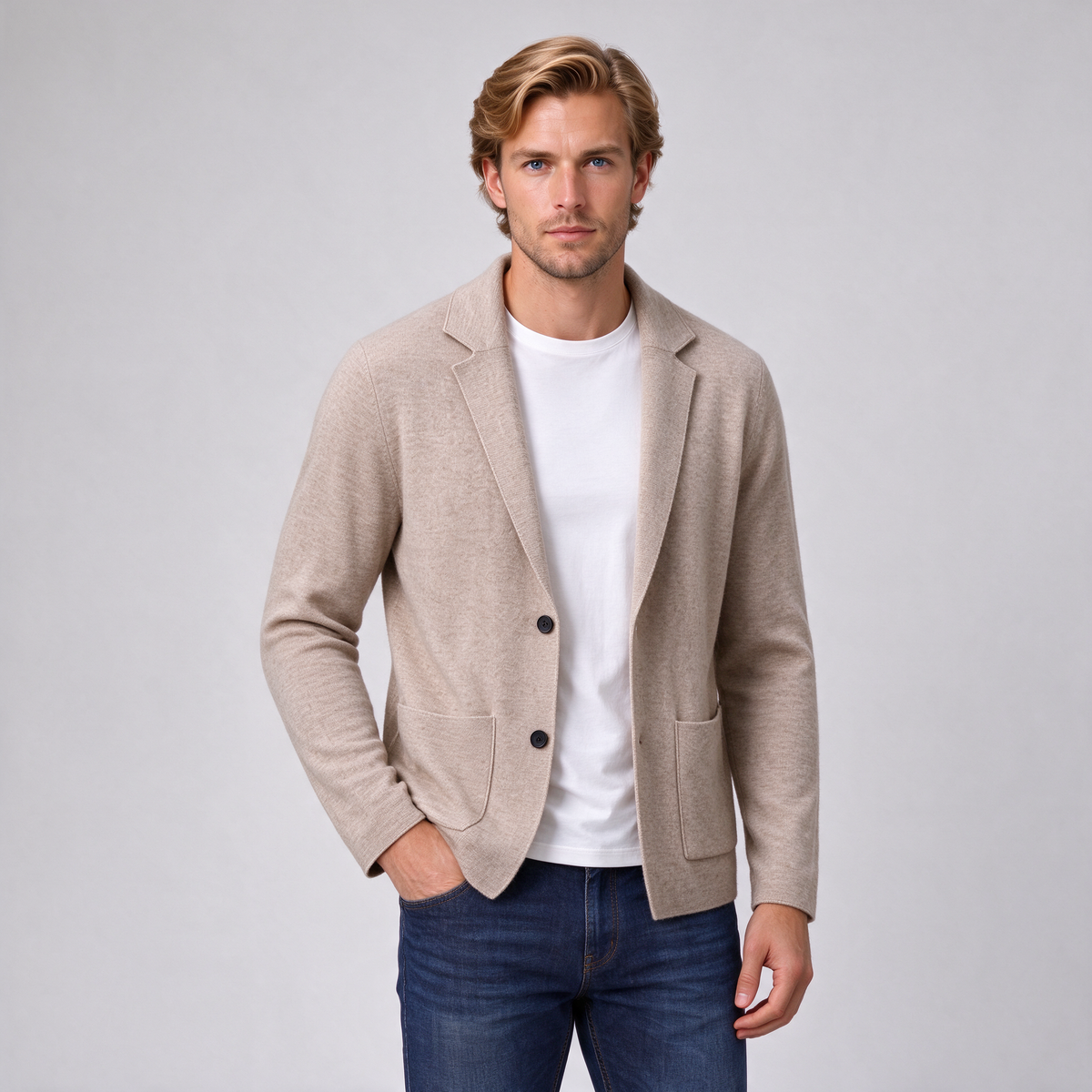 Men's 100% Cashmere Blazer Cardigan – Knitted Lapel Jacket