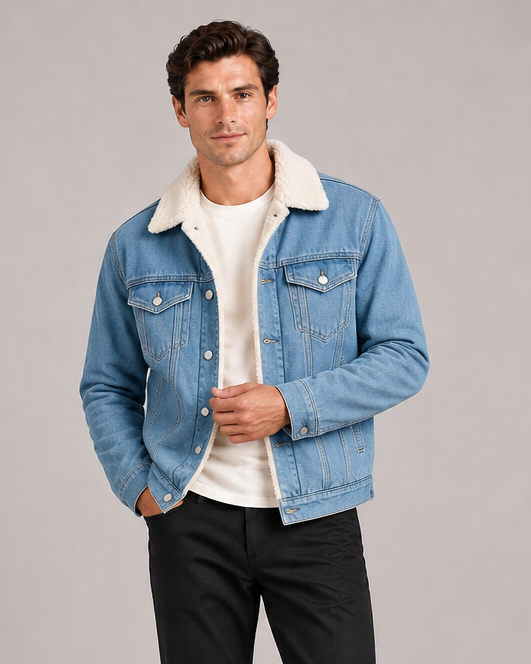 Men's Fleece Lined Denim Jacket – Sherpa Collar Trucker