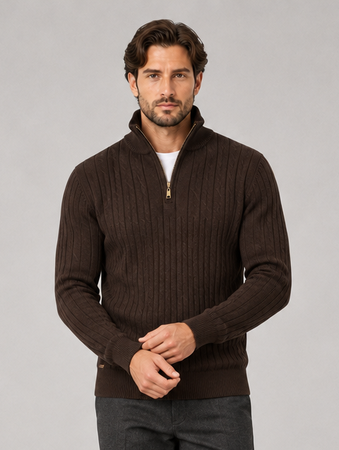 Men's Cotton Quarter Zip Jumper in Brown