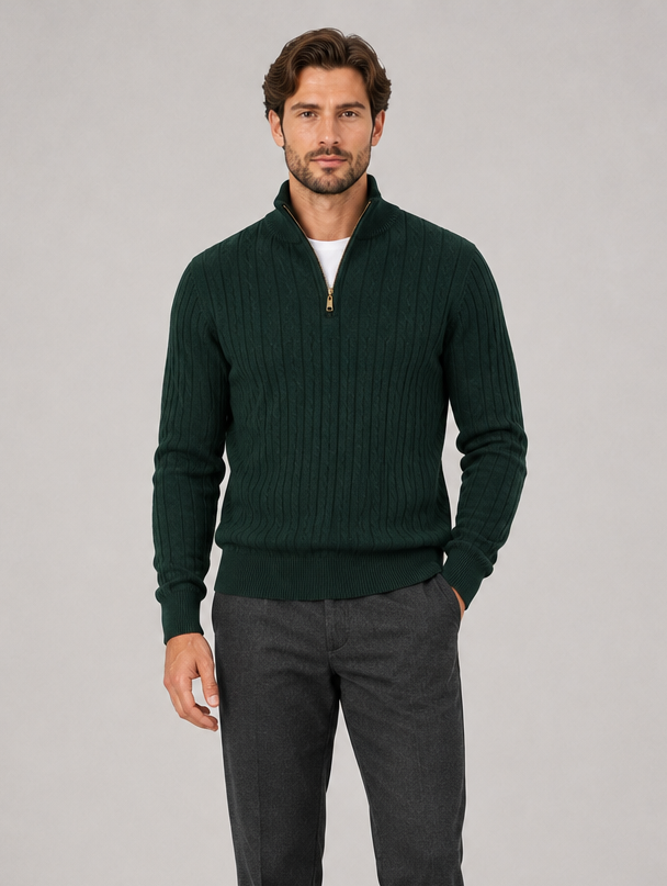 Men's Cotton Quarter Zip Jumper in Forest Green
