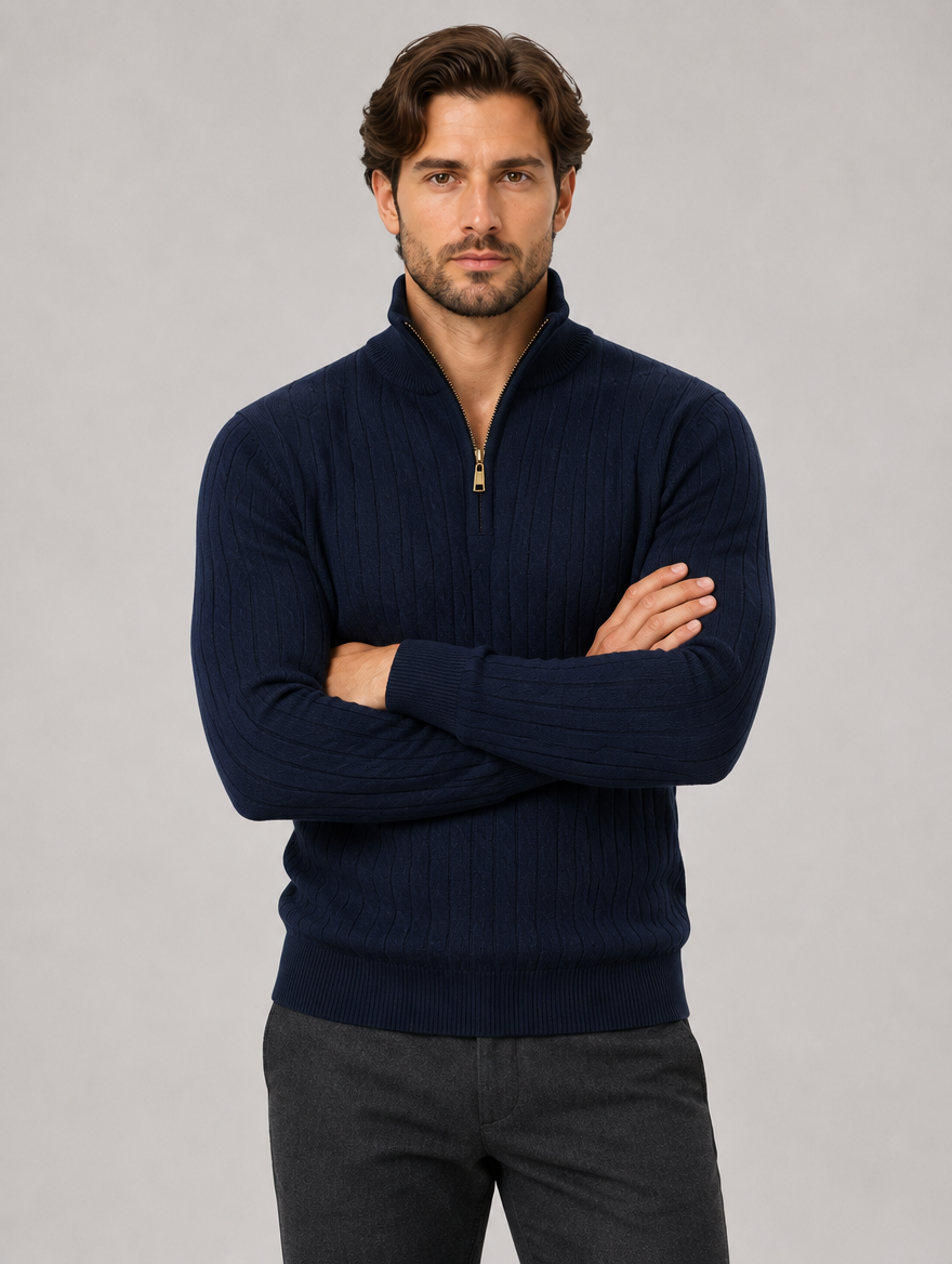 Men's Cotton Quarter Zip Jumper in Navy – view 2