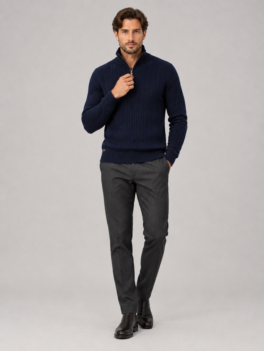 Men's Cotton Quarter Zip Jumper in Navy – view 3
