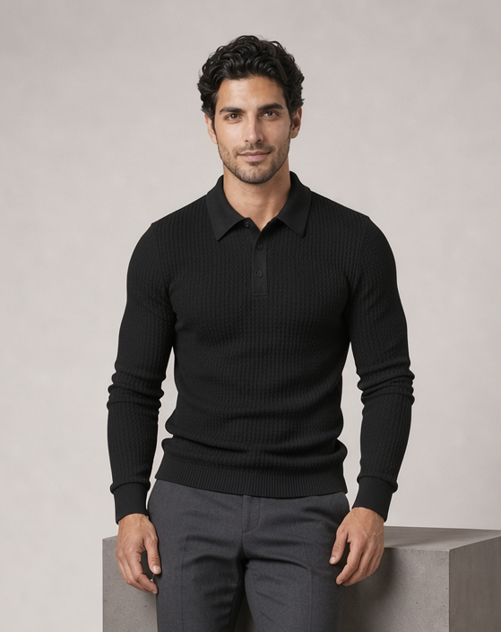 Men's Ribbed Knit Polo Sweater – Long Sleeve Slim Fit Jumper – Covert Club product image 4