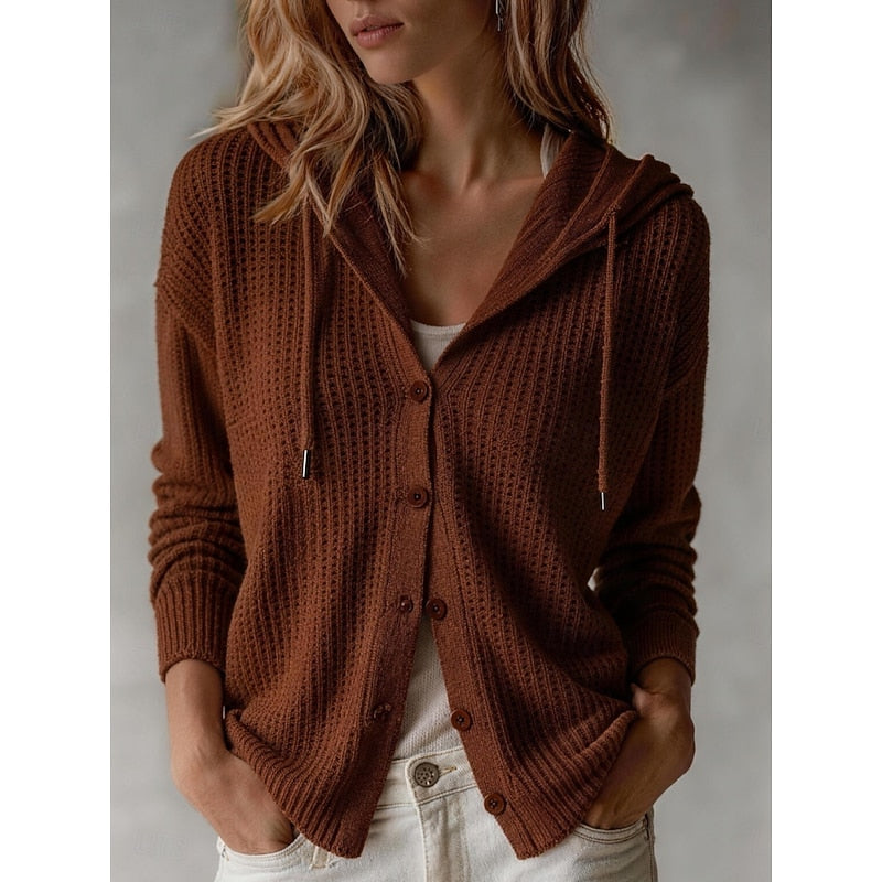Women's Hooded Textured Knit Cardigan in Brown