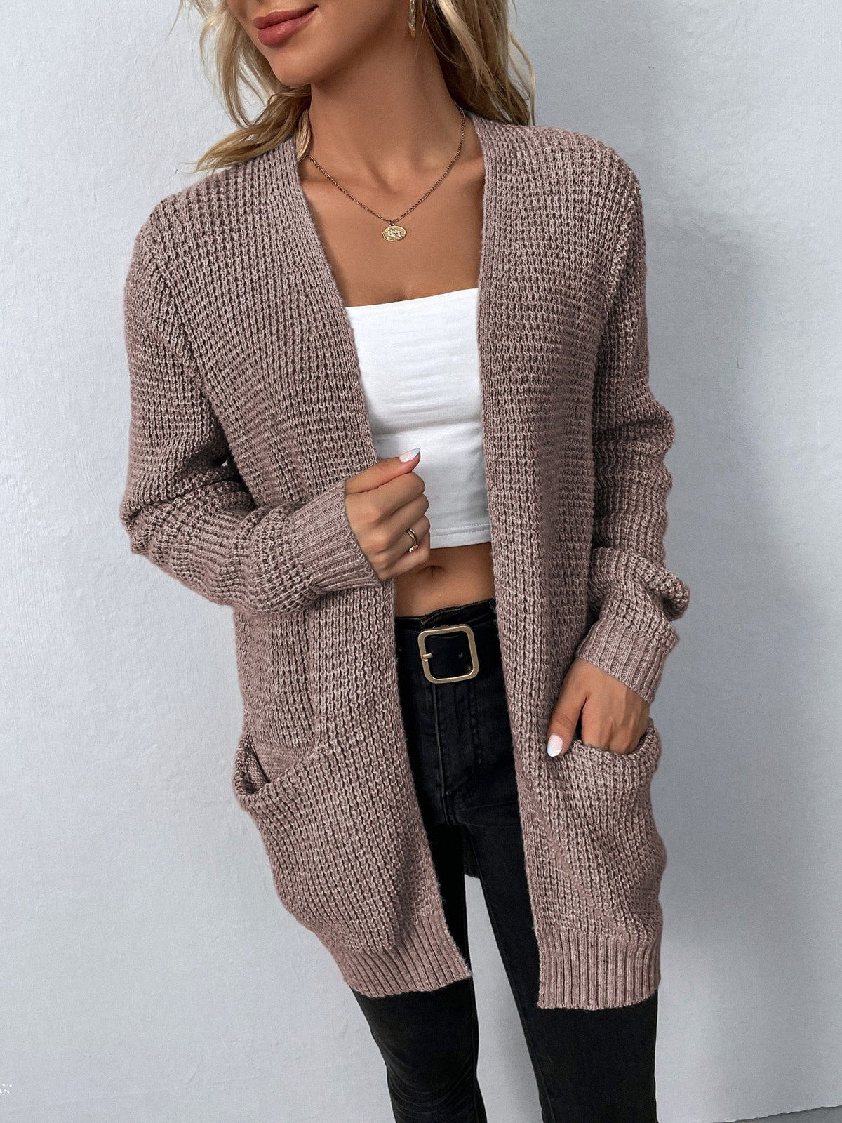 Women's Longline Waffle Knit Cardigan in Pink