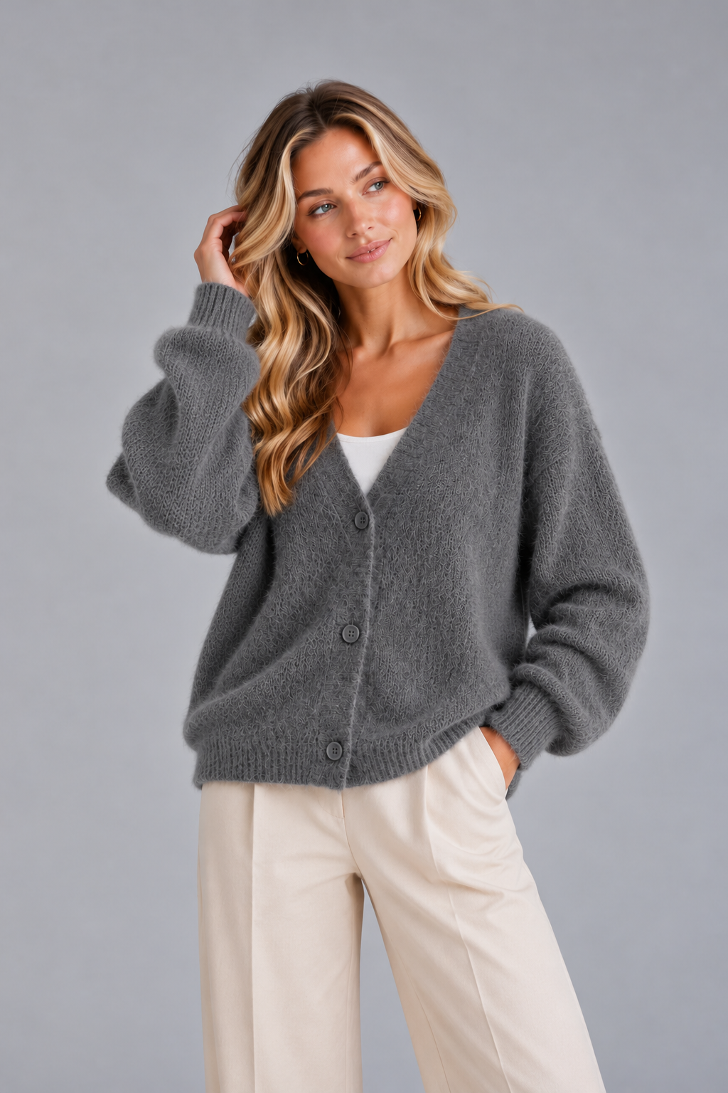 Women's Fluffy V Neck Cardigan – Button Front Knit