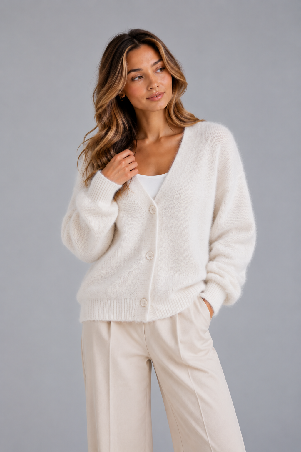 Women's Fluffy V Neck Cardigan – Button Front Knit