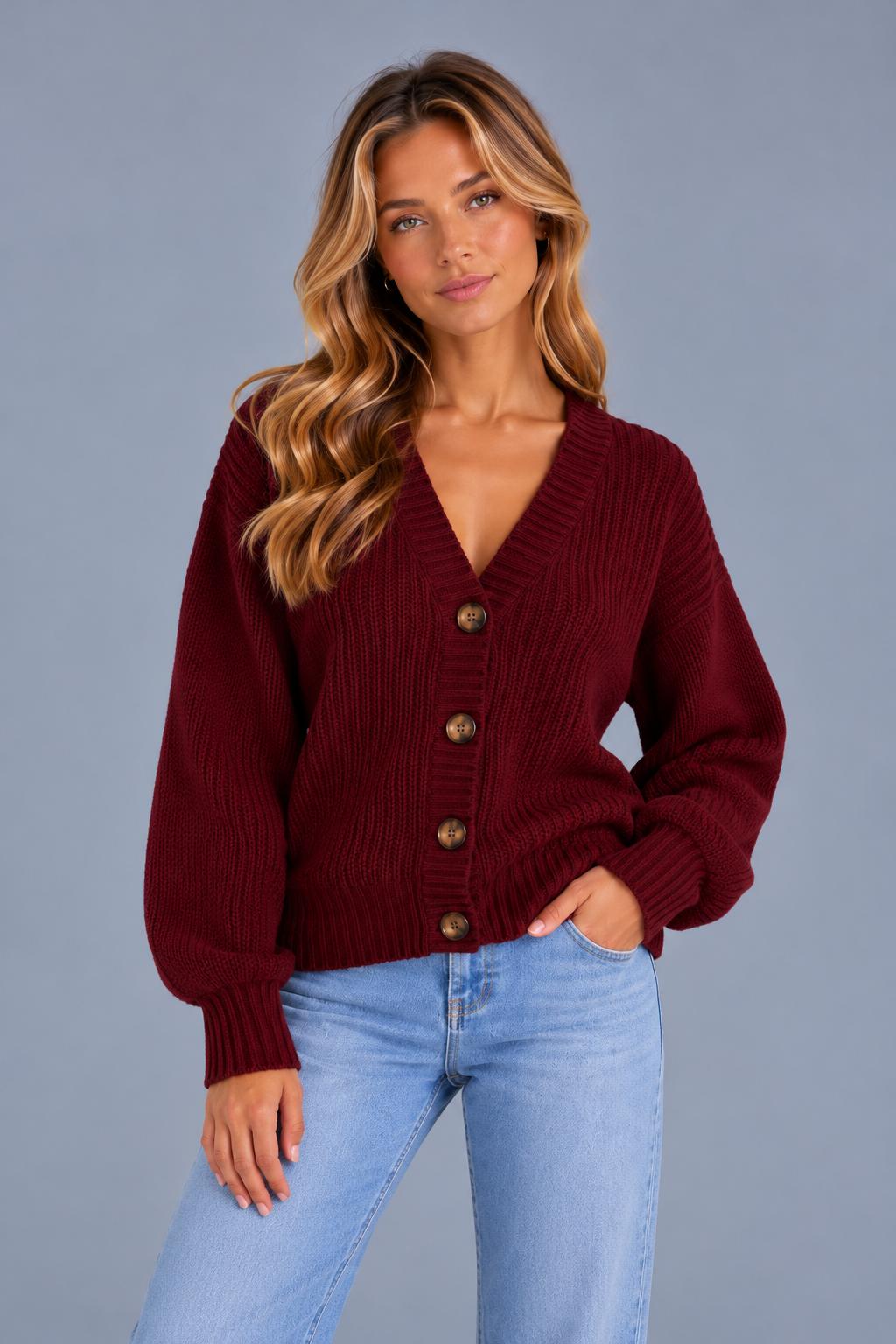 Women's Chunky Ribbed Cardigan – V Neck Button Front