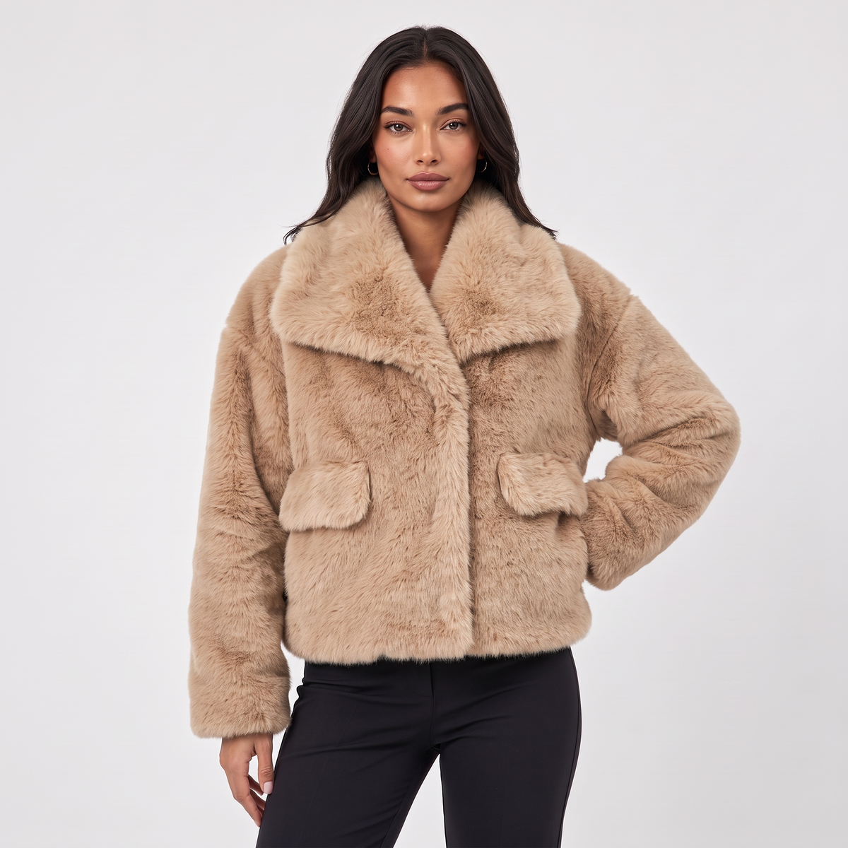 Women's Plush Faux Fur Winter Coat in Beige