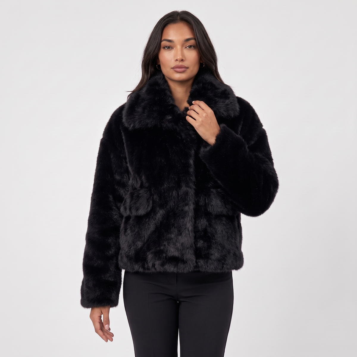 Women's Plush Faux Fur Winter Coat in Black