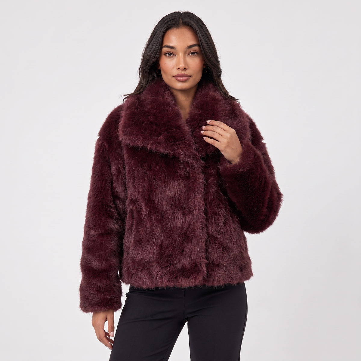 Women's Plush Faux Fur Winter Coat in Burgundy
