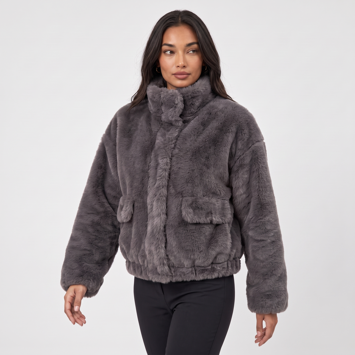 Women's Plush Faux Fur Winter Coat in Grey