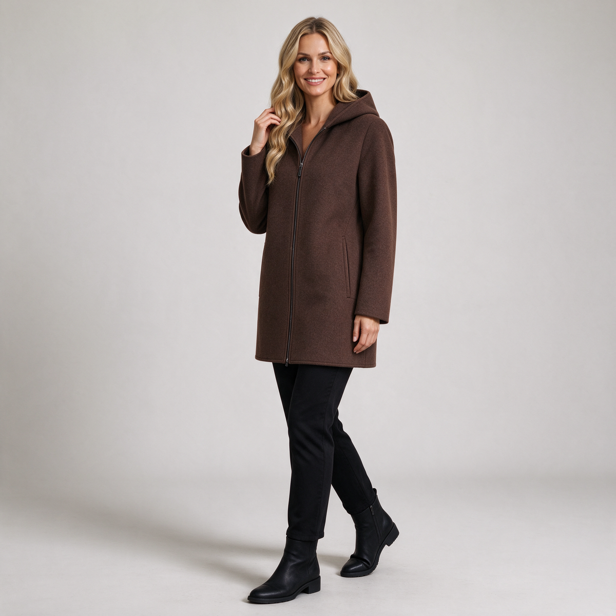 Women's Hooded Wool Coat – Long Zip Up Winter Coat