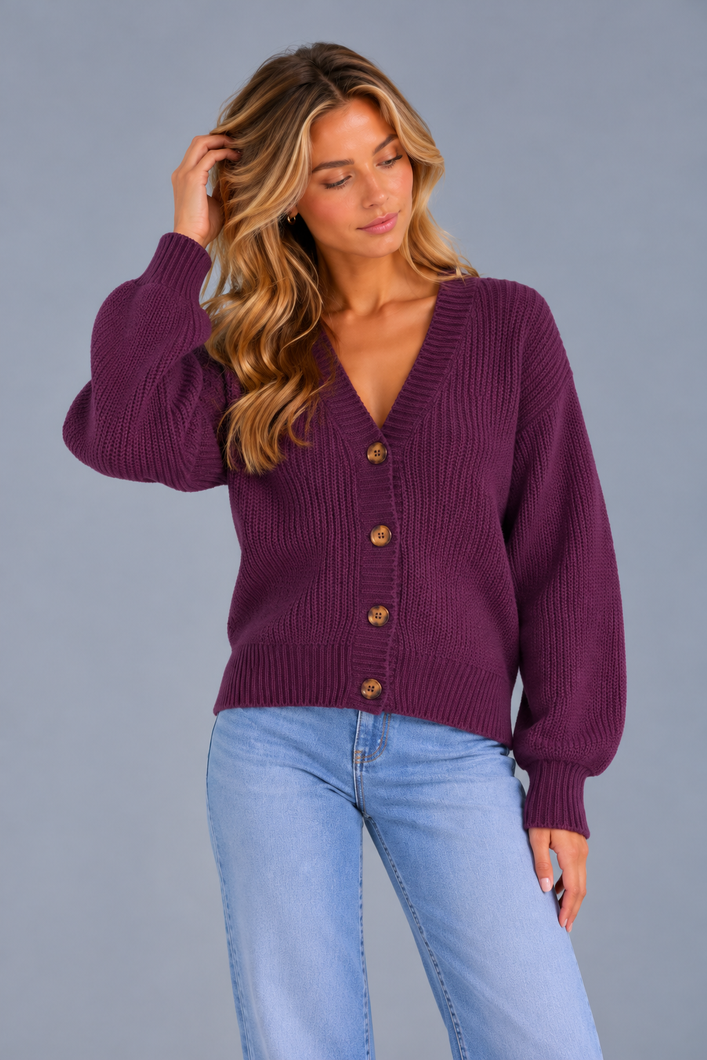 Women's Chunky Ribbed Cardigan – V Neck Button Front