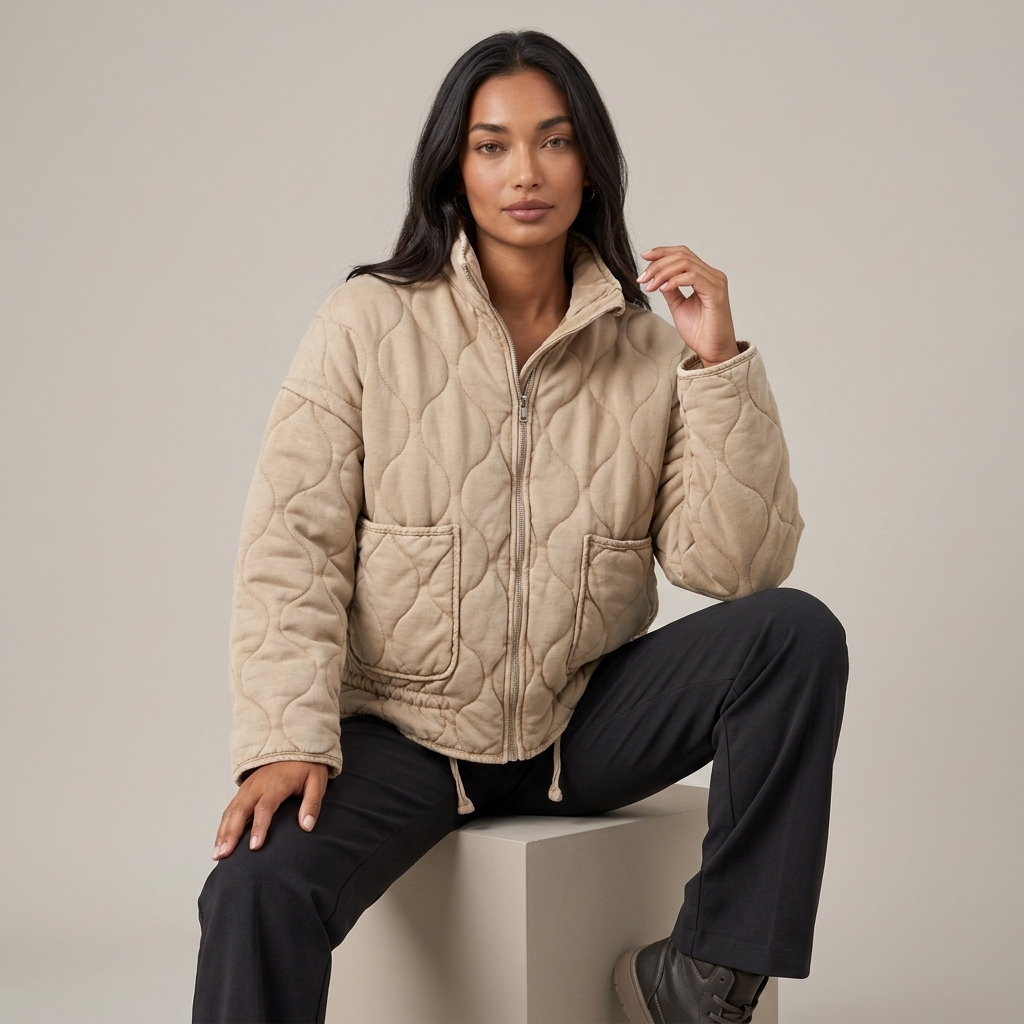 Women's Quilted Jacket – Lightweight Funnel Neck Jacket with Patch Pockets