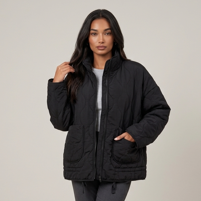 Women's Quilted Jacket – Lightweight Funnel Neck Jacket with Patch Pockets