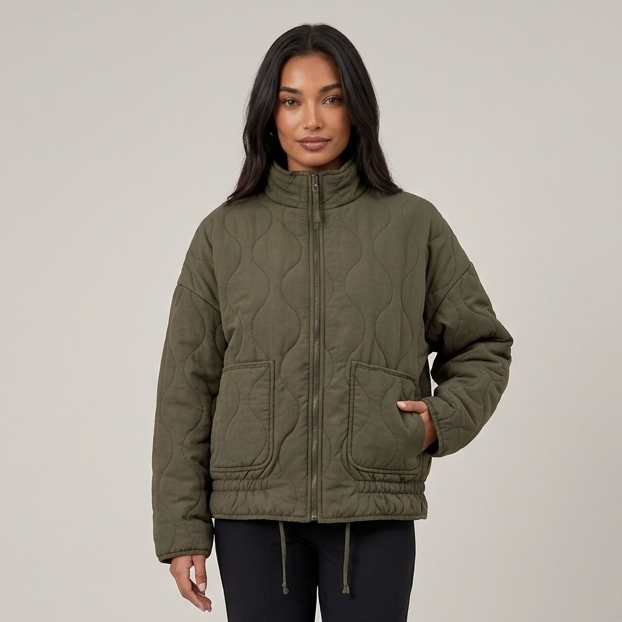 Women's Quilted Jacket – Lightweight Funnel Neck Jacket with Patch Pockets