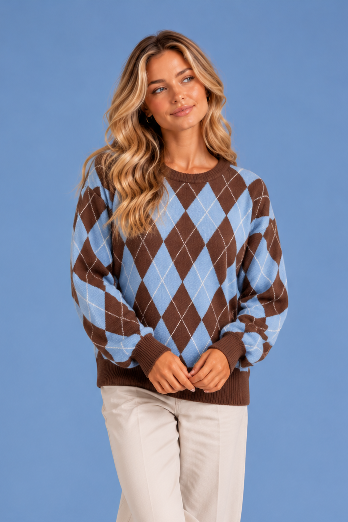 Women's Argyle Crew Neck Jumper – Diamond Pattern Knit