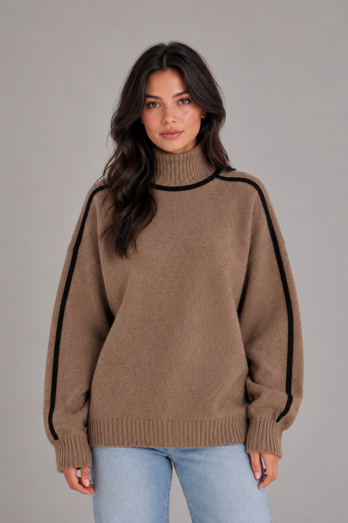 Women's Oversized Roll Neck Jumper – Contrast Trim Knit