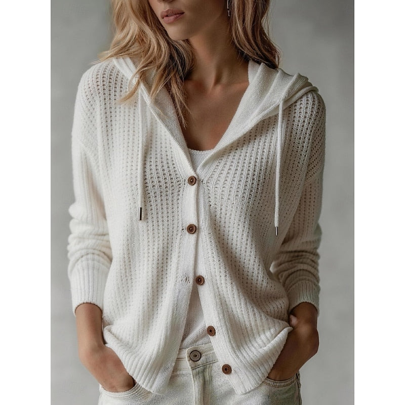 Women's Hooded Textured Knit Cardigan in White
