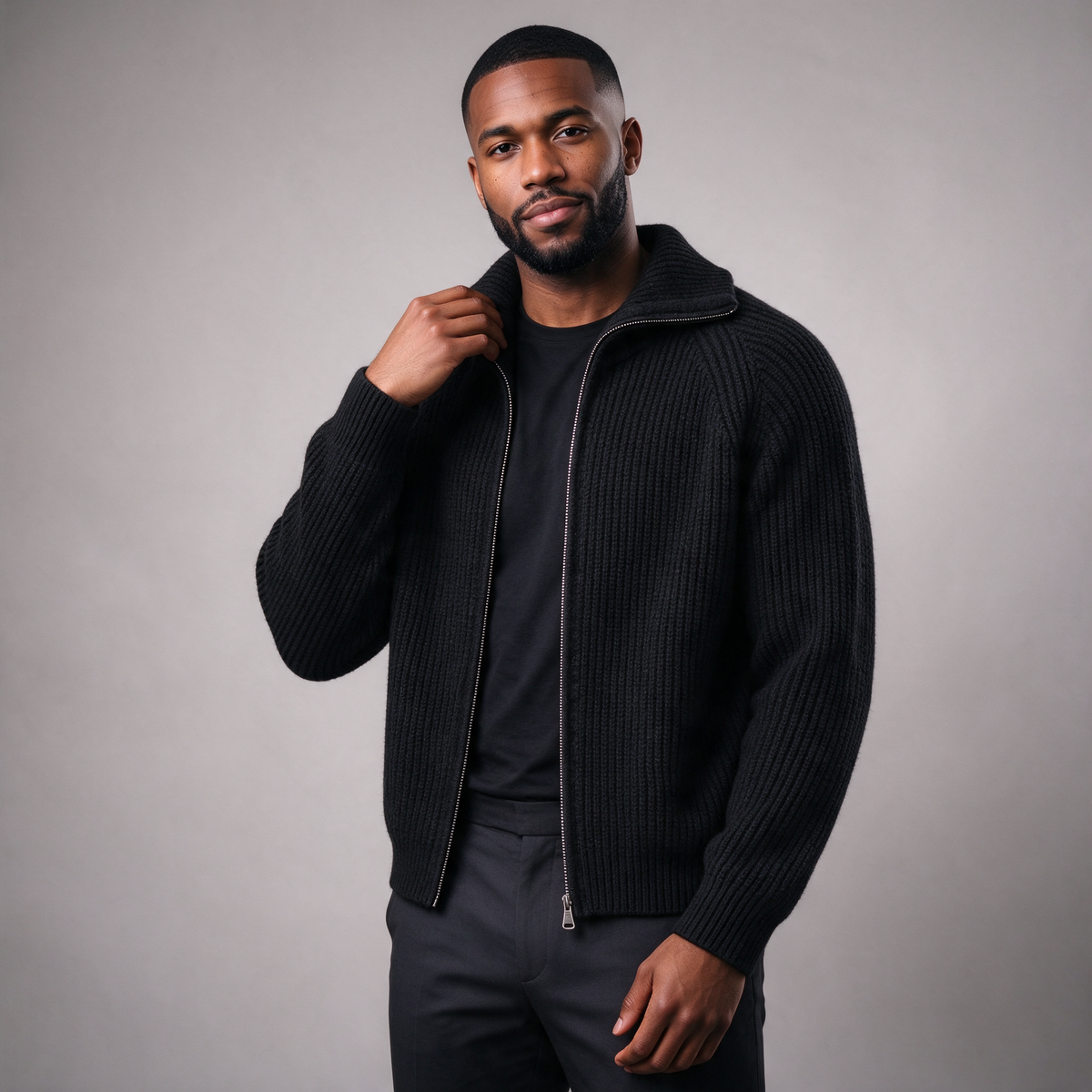 Men's Zip Up Knit Cardigan – High Neck Ribbed