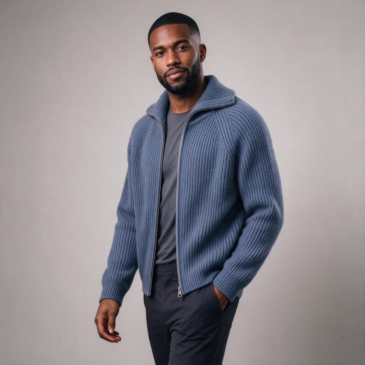 Men's Zip Up Knit Cardigan – High Neck Ribbed