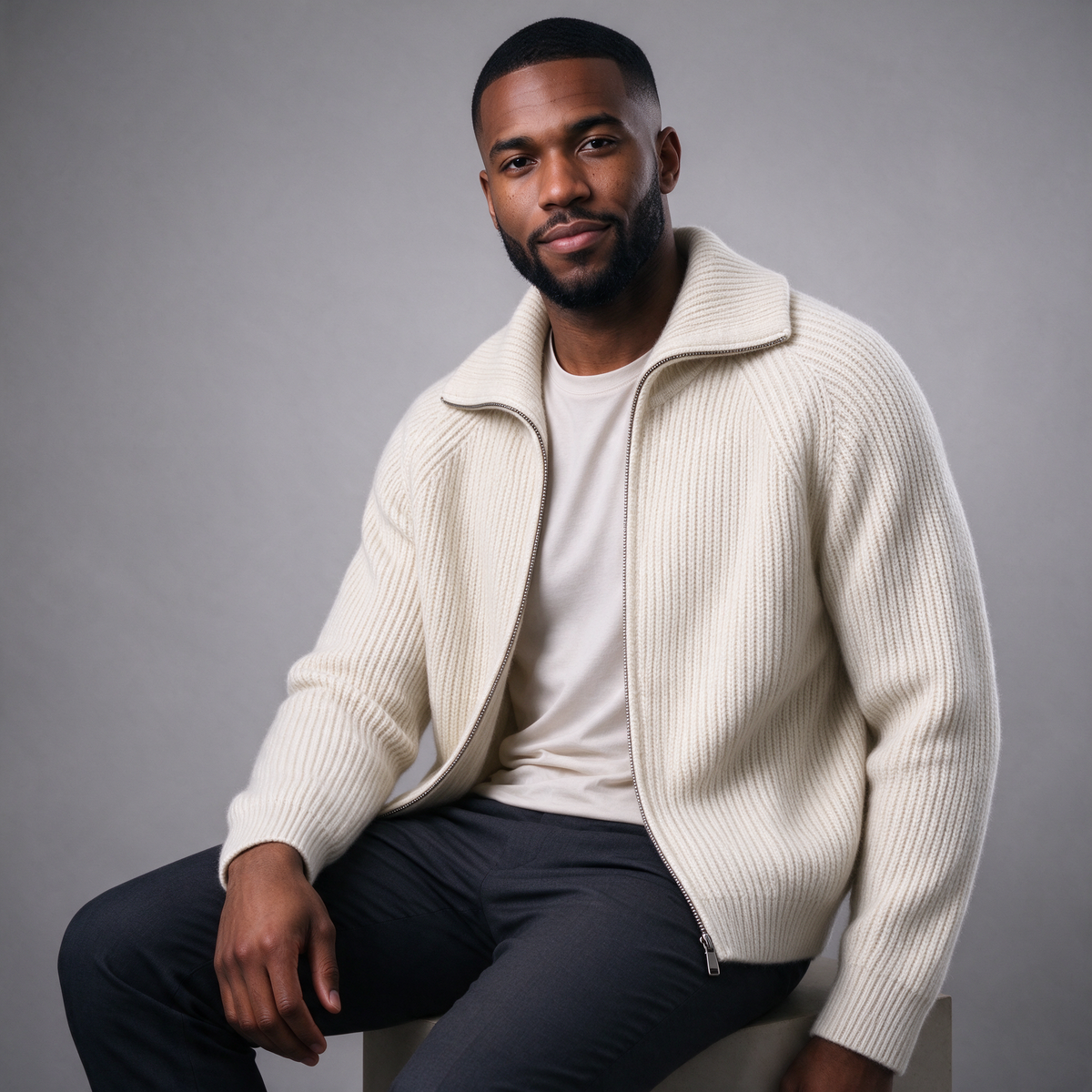 Men's Zip Up Knit Cardigan – High Neck Ribbed